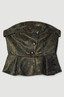 Karen Millen Jacquard Statement Button Bodice Peplum Top 12 Karen Millen Jacquard Statement Button Bodice Peplum Top -Karen Millen shop gold jacquard statement button bodice peplum top 4