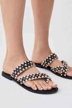 Karen Millen Leather Studded Raffia Mix Sandal -Karen Millen shop gold leather studded raffia mix sandal 3