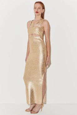 Karen Millen Metallic Bandage Maxi Dress -Karen Millen shop gold metallic bandage maxi dress 3