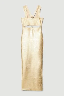 Karen Millen Metallic Bandage Maxi Dress -Karen Millen shop gold metallic bandage maxi dress 4