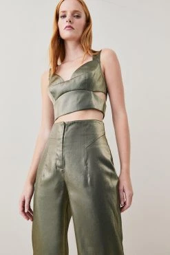 Karen Millen Metallic High Waist Split Detail Woven Flare -Karen Millen shop gold metallic high waist split detail woven flare 2