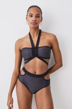 Karen Millen Metallic Shimmer Halter Neck Strap Detail Bikini Top -Karen Millen shop gold metallic shimmer halter neck strap detail bikini top 2