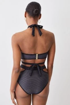 Karen Millen Metallic Shimmer Halter Neck Strap Detail Bikini Top -Karen Millen shop gold metallic shimmer halter neck strap detail bikini top 4