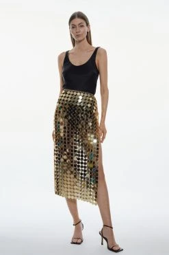 Karen Millen Mirrored Disc Maxi Skirt -Karen Millen shop gold mirrored disc maxi skirt 1