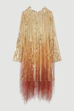 Karen Millen Petite Beaded Fringed Woven Mini Dress -Karen Millen shop gold petite beaded fringed woven mini dress 5