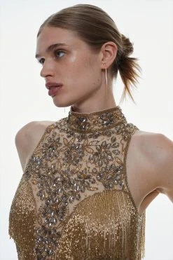 Karen Millen Petite Embellished Fringed Halter Maxi Dress -Karen Millen shop gold petite embellished fringed halter maxi dress 2