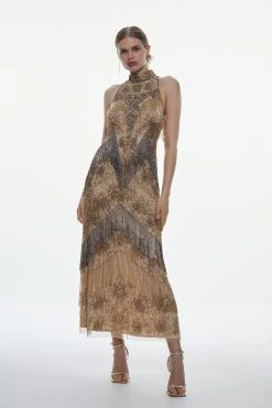 Karen Millen Petite Embellished Fringed Halter Maxi Dress