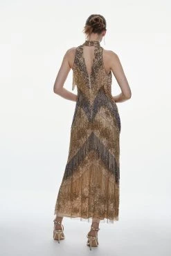 Karen Millen Petite Embellished Fringed Halter Maxi Dress -Karen Millen shop gold petite embellished fringed halter maxi dress 4