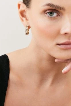 Karen Millen Gold Plated Rectangle Diamante Hoop Earrings -Karen Millen shop gold plated rectangle diamante hoop earrings 3