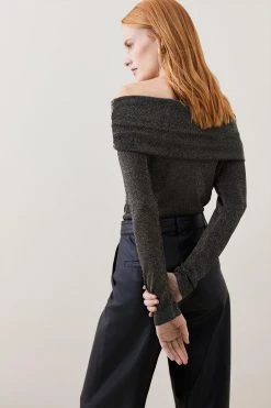 Karen Millen Sparkle Slinky Knit Drape Bardot Top -Karen Millen shop gold sparkle slinky knit drape bardot top 1