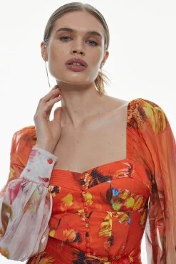 Karen Millen Golden Floral Satin Pleated Woven Maxi Dress