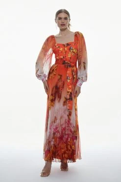 Karen Millen Golden Floral Satin Pleated Woven Maxi Dress -Karen Millen shop golden floral satin pleated woven maxi dress 3