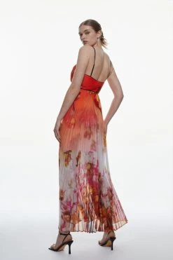 Karen Millen Golden Floral Strappy Pleated Maxi Dress