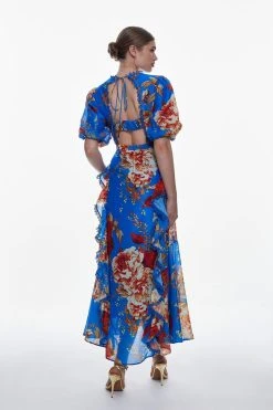 Karen Millen Graphic Lace Trim Floral Woven Plunge Maxi Dress -Karen Millen shop graphic lace trim floral woven plunge maxi dress 2