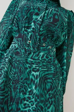 Karen Millen Animal Georgette Woven Shirt Mini Dress -Karen Millen shop green animal georgette woven shirt mini dress 3