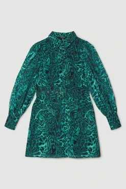 Karen Millen Animal Georgette Woven Shirt Mini Dress -Karen Millen shop green animal georgette woven shirt mini dress 4