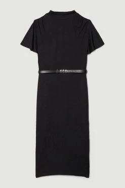 Karen Millen Belted Angel Sleeve Viscose Blend Jersey Midi Dress