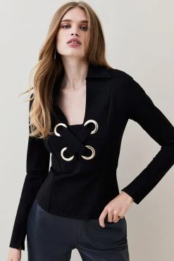 Karen Millen Collared Eyelet Trim Detail Jersey Top -Karen Millen shop green collared eyelet trim detail jersey top 2