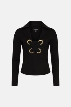 Karen Millen Collared Eyelet Trim Detail Jersey Top -Karen Millen shop green collared eyelet trim detail jersey top 3