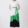 Karen Millen Colour Block Pleated Woven Midi Shirt Dress -Karen Millen shop green colour block pleated woven midi shirt dress