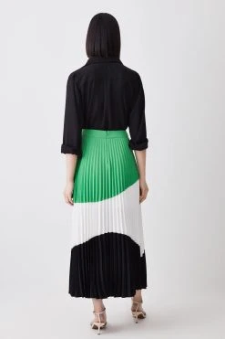 Karen Millen Colour Block Pleated Woven Skirt -Karen Millen shop green colour block pleated woven skirt 1