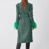 Karen Millen Colourpop Tweed Feather Cuff Coat -Karen Millen shop green colourpop tweed feather cuff coat