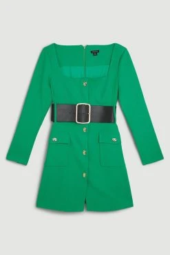 Karen Millen Compact Stretch Belted Trim Detail Sleeved Mini Dress -Karen Millen shop green compact stretch belted trim detail sleeved mini dress 3