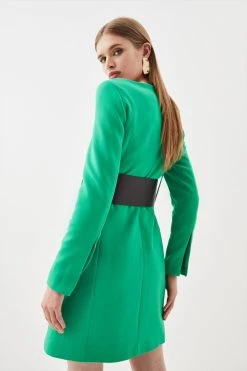 Karen Millen Compact Stretch Belted Trim Detail Sleeved Mini Dress -Karen Millen shop green compact stretch belted trim detail sleeved mini dress 4
