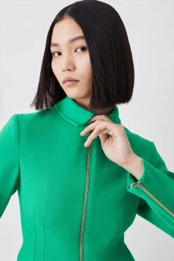 Karen Millen Compact Stretch Tailored Corset Detail Zip Up Blazer -Karen Millen shop green compact stretch tailored corset detail zip up blazer 1 2