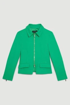 Karen Millen Compact Stretch Tailored Corset Detail Zip Up Blazer -Karen Millen shop green compact stretch tailored corset detail zip up blazer 1 3