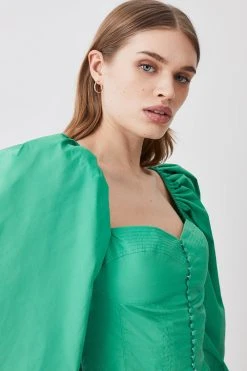 Karen Millen Cotton Top Stitch Puff Sleeve Top -Karen Millen shop green cotton top stitch puff sleeve top 1