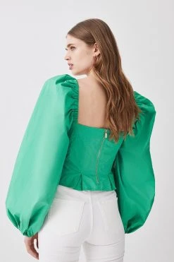 Karen Millen Cotton Top Stitch Puff Sleeve Top -Karen Millen shop green cotton top stitch puff sleeve top 2