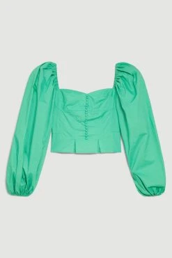 Karen Millen Cotton Top Stitch Puff Sleeve Top -Karen Millen shop green cotton top stitch puff sleeve top 3