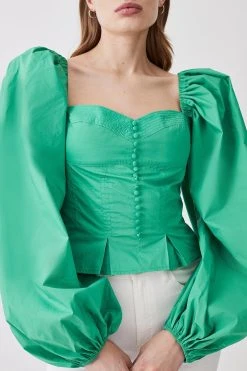 Karen Millen Cotton Top Stitch Puff Sleeve Top -Karen Millen shop green cotton top stitch puff sleeve top 4