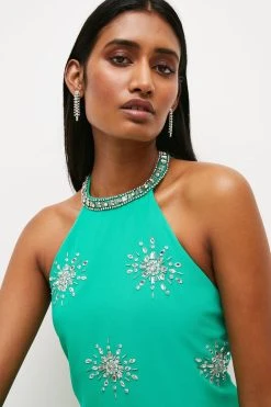 Karen Millen Crystal Embellished Halterneck Mini Dress -Karen Millen shop green crystal embellished halterneck mini dress 1