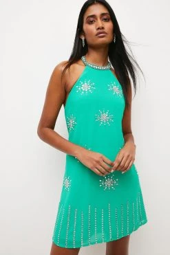 Karen Millen Crystal Embellished Halterneck Mini Dress -Karen Millen shop green crystal embellished halterneck mini dress 2