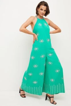 Karen Millen Crystal Embellished Wide Leg Jumpsuit 9 Karen Millen Crystal Embellished Wide Leg Jumpsuit -Karen Millen shop green crystal embellished wide leg jumpsuit 3