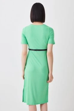 Karen Millen Cut Out Belted Viscose Blend Jersey Midi Dress -Karen Millen shop green cut out belted viscose blend jersey midi dress 1 2