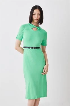 Karen Millen Cut Out Belted Viscose Blend Jersey Midi Dress -Karen Millen shop green cut out belted viscose blend jersey midi dress 1 3