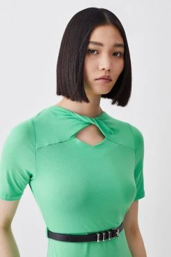 Karen Millen Cut Out Belted Viscose Blend Jersey Midi Dress -Karen Millen shop green cut out belted viscose blend jersey midi dress 1 4