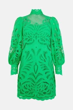 Karen Millen Cutwork Volume Sleeve Woven Mini Dress -Karen Millen shop green cutwork volume sleeve woven mini dress 3