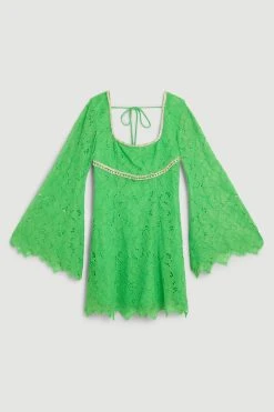 Karen Millen Diamante Trim And Lace Mini Dress -Karen Millen shop green diamante trim and lace mini dress 2