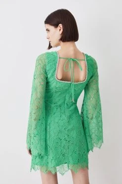 Karen Millen Diamante Trim And Lace Mini Dress -Karen Millen shop green diamante trim and lace mini dress 3