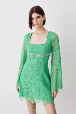 Karen Millen Diamante Trim And Lace Mini Dress -Karen Millen shop green diamante trim and lace mini dress 4