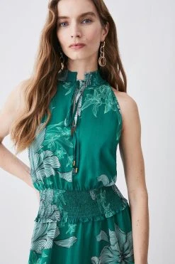 Karen Millen Floral Bloom Shirred Halter Woven Mini Dress -Karen Millen shop green floral bloom shirred halter woven mini dress 1