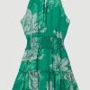 Karen Millen Floral Bloom Shirred Halter Woven Mini Dress -Karen Millen shop green floral bloom shirred halter woven mini dress