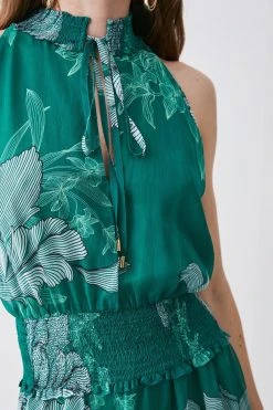 Karen Millen Floral Bloom Shirred Halter Woven Mini Dress -Karen Millen shop green floral bloom shirred halter woven mini dress 3