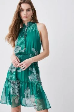 Karen Millen Floral Bloom Shirred Halter Woven Mini Dress -Karen Millen shop green floral bloom shirred halter woven mini dress 4