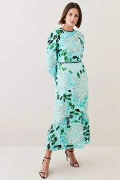 Karen Millen Floral Embroidery And Embellished Midi Dress -Karen Millen shop green floral embroidery and embellished midi dress 2