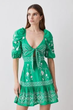 Karen Millen Floral & Geo Embroidered Woven Mini Dress -Karen Millen shop green floral geo embroidered woven mini dress 2